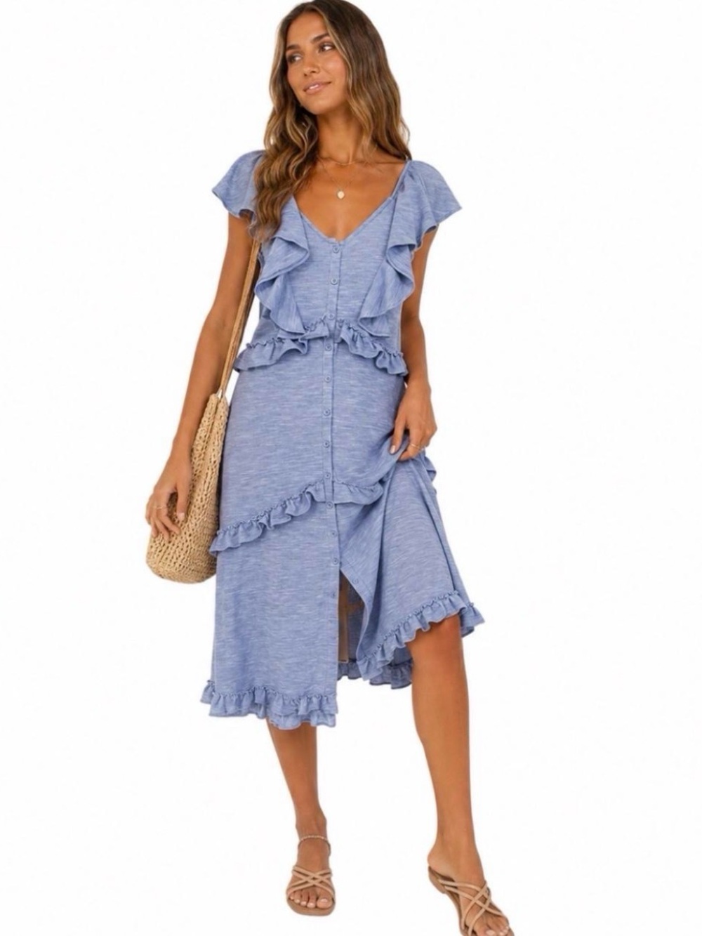 EMELIA Blue Ruffle Button-Front Midi/Maxi Dress — Size S